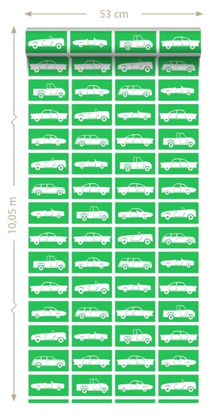 Tapetenrolle mit verschiedenen weißen Auto-Illustrationen auf grünem Hintergrund, 53 cm breit und 10,05 m lang