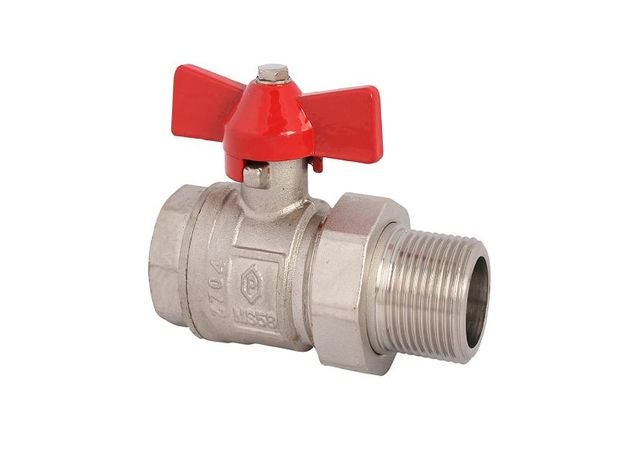 Kugelhahn aus Metall mit rotem Flügelgriff, Außengewinde und Innengewinde.