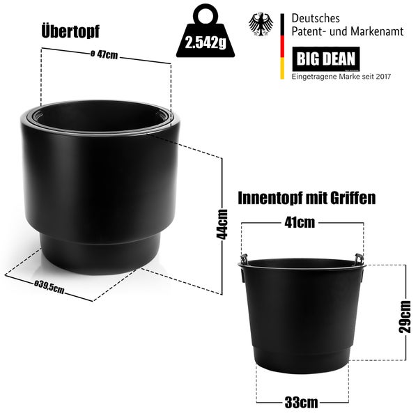 BigDean Blumentopf Design mit Einsatz rund ø 47 cm Schwarz – wetterfester Übertopf aus bruchsicherem Kunststoff – Pflanzkübel Made in Europe