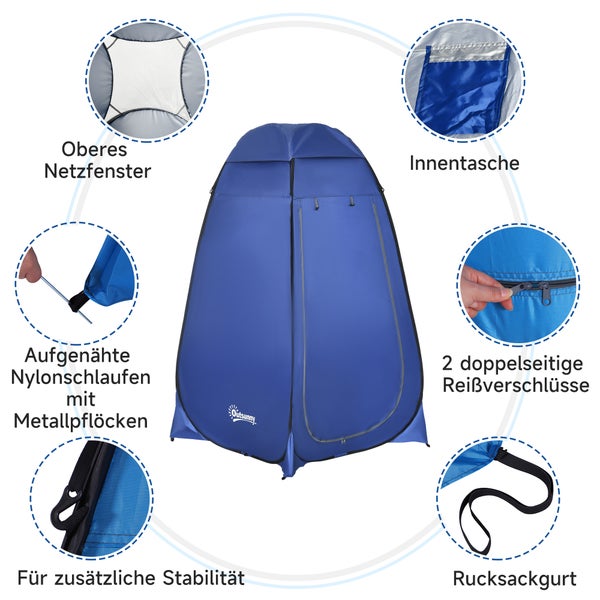 Outsunny Pop-up-Duschzelt mit Netzfenster, Innentasche, Nylonschlaufen mit Metallheringen, zwei Reißverschlüssen, Stabilitätsclips und Rucksackgurten.