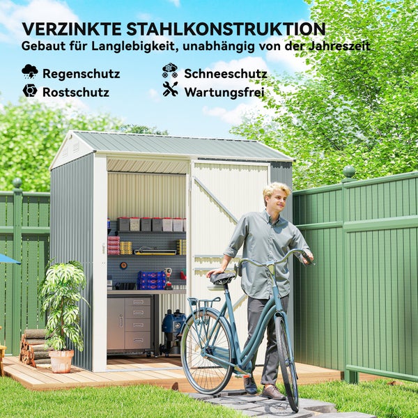 Gerätehaus aus verzinktem Stahl mit organisiertem Innenraum, Werkstatt-Ausstattung und einem Mann mit Fahrrad davor.