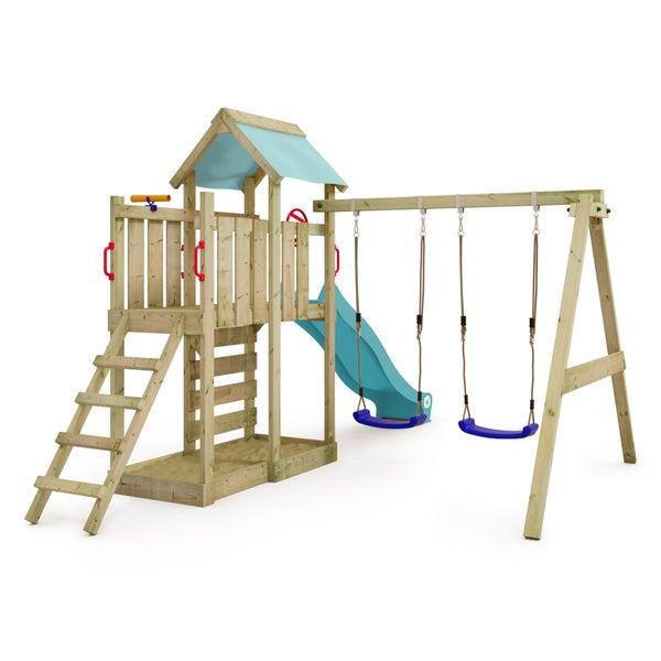 WICKEY Spielturm Klettergerüst MultiFlyer mit Schaukel und Rutsche, Kletterturm mit Sandkasten, Leiter und Spiel-Zubehör – pastellblau