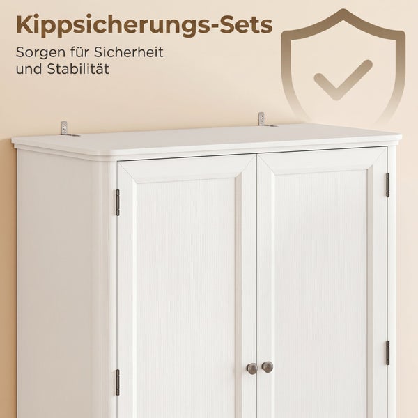 Kippsicherungs-Set für Möbel, montiert an einem weißen Holzschrank für Sicherheit und Stabilität.