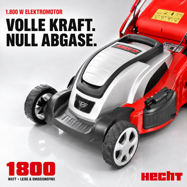 Hecht Elektro-Rasenmäher mit 1800 Watt Elektromotor, leistungsstark, leise und emissionsfrei.
