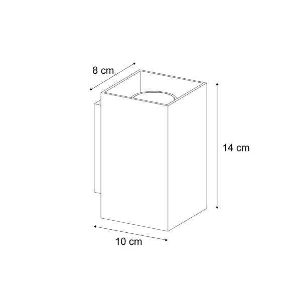 Skizze einer Wandleuchte mit den Maßen 8 cm x 10 cm x 14 cm