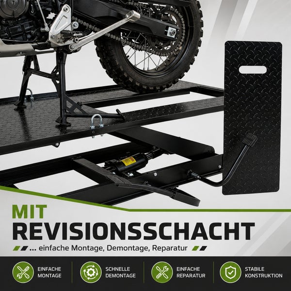 Motorrad-Hebebühne mit Revisionsschacht für einfache Montage, Demontage und Reparatur, robuste Metallkonstruktion mit Riffelblechoberfläche.