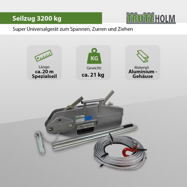 Seilzug mit einer Zugkraft von 3200 Kilogramm, Gehäuse aus Aluminium, Seillänge circa 20 Meter