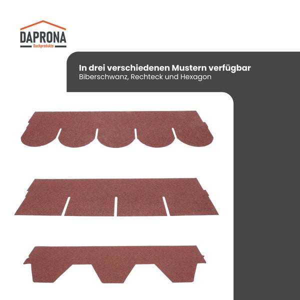 Daprona Logo und Dachschindeln in drei verschiedenen Mustern Biberschwanz Rechteck und Hexagon.