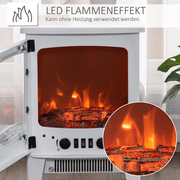 HOMCOM LED Elektrokamin mit Flammeneffekt, 900/1800W, 39 x 26 x 54,8 cm, Metall, ABS-Kunststoff, Glas, Weiß