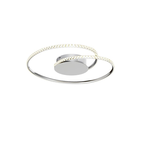Moderne LED-Deckenleuchte mit zwei verschlungenen Ringen, Kristalleffekt und Metallgehäuse in Chrom-Optik.