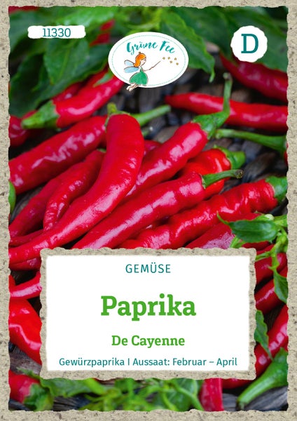 Samentüte für Paprika De Cayenne von Grüne Fee, Gewürzpaprika, Aussaat Februar bis April, mit Grüne Fee Logo und Abbildung roter Paprika.