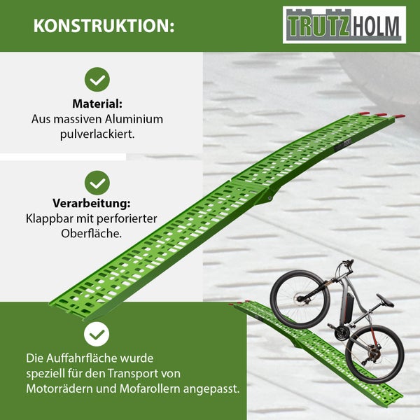 TRUTZHOLM 1 x Auffahrrampe klappbar 228 cm Traglast 340 kg Alu grün gelocht Motorradrampe Mofarampe