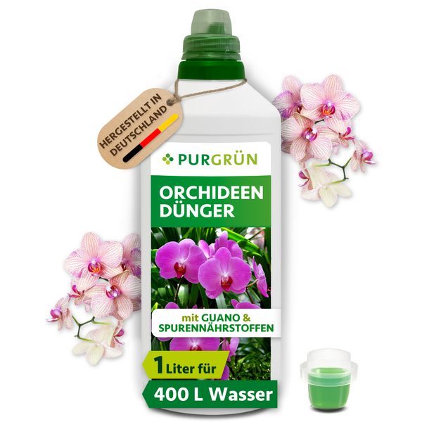 PURGRÜN Orchideendünger mit Guano und Spurennährstoffen in einer 1 Liter Flasche, ausreichend für 400 Liter Gießwasser, hergestellt in Deutschland.