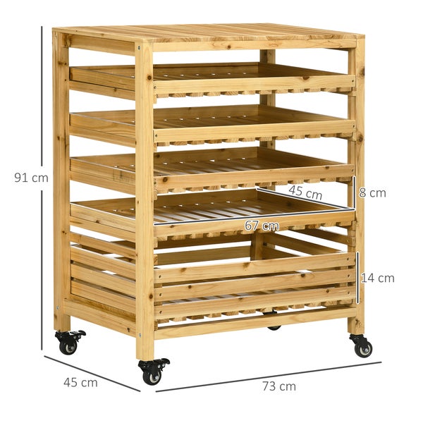 Outsunny Obsthalter mit Rädern, Gemüseregal mit 5 Regalen, Obstkorbständer, Aufbewahrungswagen, für Gemüse, Obst, bis 20 kg Belastbar, aus Tannenholz, Natur