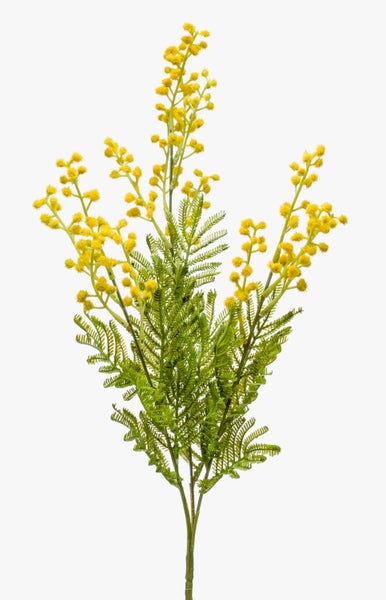 Künstlicher Mimosenzweig mit gelben Blüten und grünen Blättern.