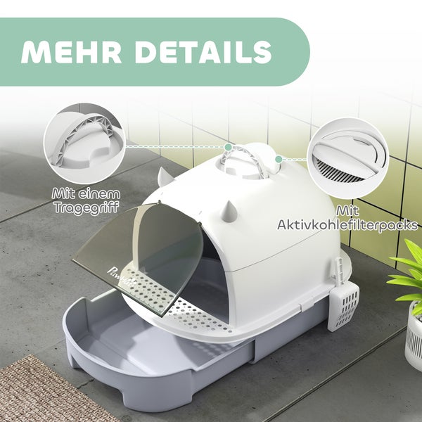 Geschlossene PawHut Katzentoilette mit Tragegriff, Aktivkohlefilter und herausziehbarer Schublade.