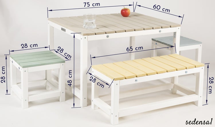 WONDERMAKE® Design Kindersitzgruppe Outdoor Garten Holz mit Abdeckung, Kinder-Sitzgarnitur Indoor Picknick-Gruppe ab 3 Jahre, weiß bunt