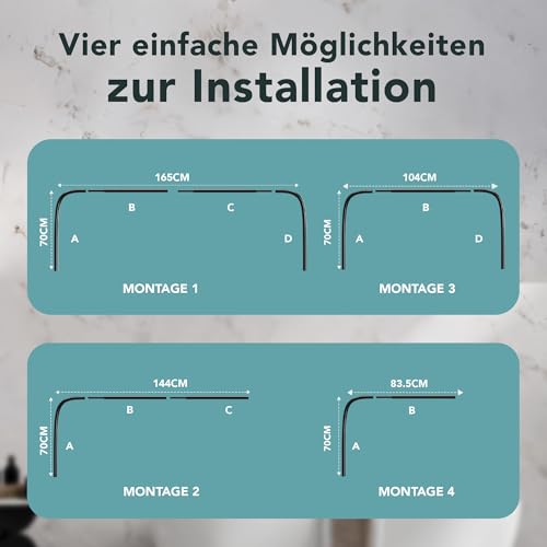 Erica Duschvorhangstange L-form & U-form - 4-in-1 Duschvorhangstangesystem für Badewanne oder Dusche - Duschstange Ecke - Stahl mit Pulverbeschichtung - Ohne Deckenhalterung - Schwarz