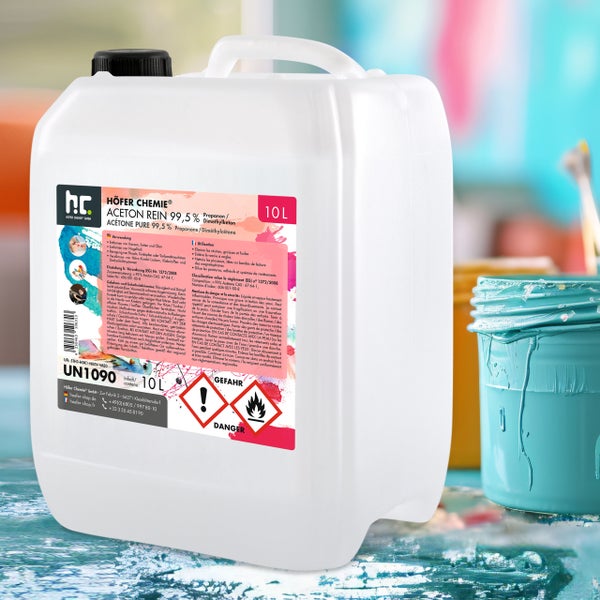 Kanister mit 99,5 % reinem Aceton von Höfer Chemie, 10 Liter