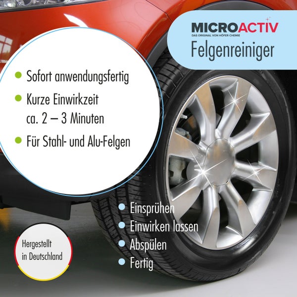 MicroActiv Felgenreiniger Produktbild mit dem Hinweis zur sofortigen Anwendungsbereitschaft und kurzer Einwirkzeit von circa zwei bis drei Minuten. Geeignet für Stahl- und Aluminiumfelgen, hergestellt in Deutschland.