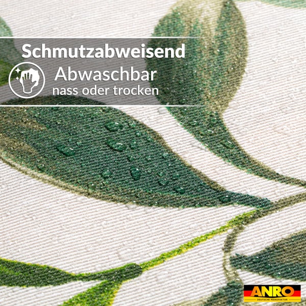 Schmutzabweisendes und nass oder trocken abwaschbares Material mit Wassertropfen auf Blattmuster. ANRO Deutsche Manufaktur Logo.