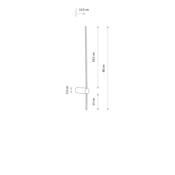 Maßzeichnung einer vertikalen Wandleuchte: Höhe 80 Zentimeter, Wandabstand 13,5 Zentimeter, Halterungsdurchmesser 5,5 Zentimeter.