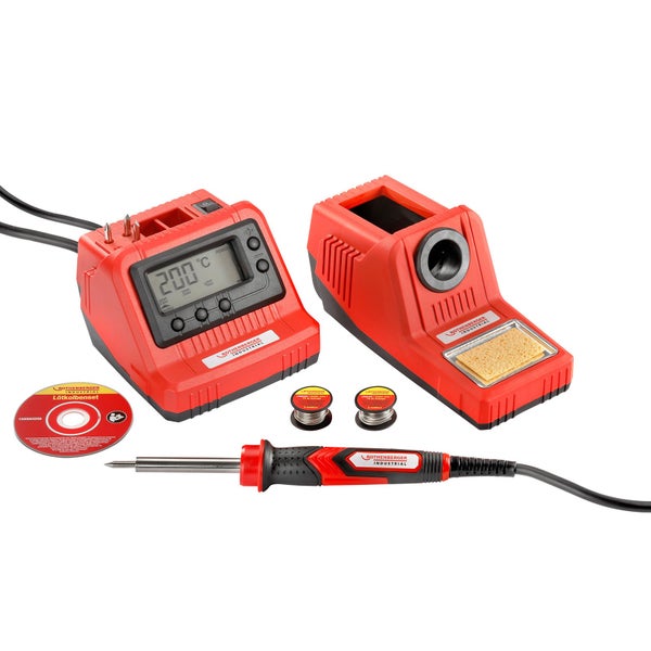 Rothenberger Industrial Lötkolbenset mit digitaler Lötstation, LCD-Anzeige, Lötkolbenablage mit Reinigungsschwamm, Lötkolben und Lötzinn.