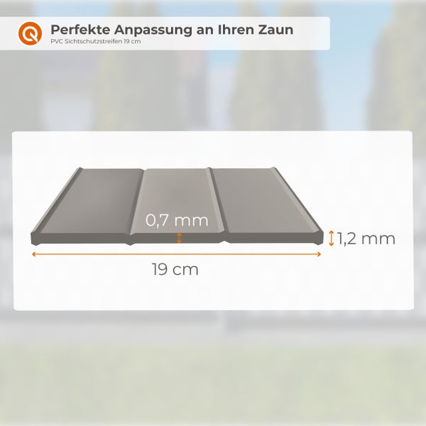 PVC Sichtschutzstreifen für Zäune mit Abmessungen von 19 Zentimetern Breite und 0,7 bis 1,2 Millimetern Materialstärke.