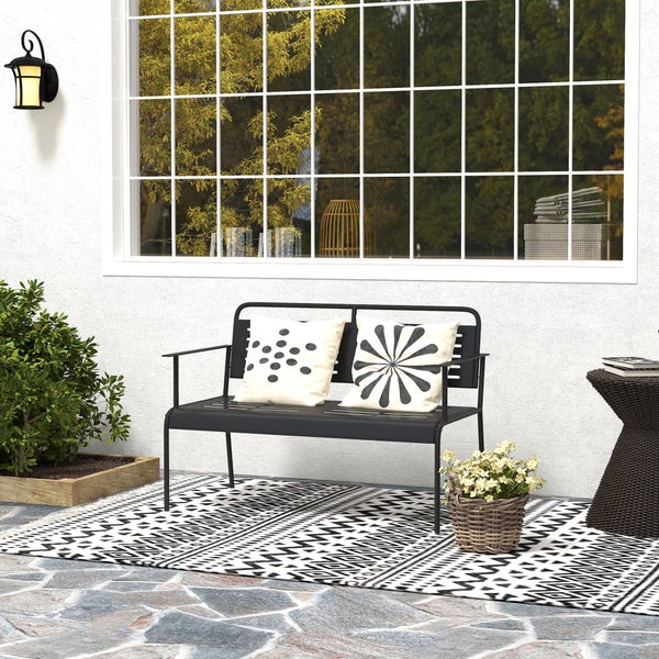 Outsunny 2-Sitzer Gartenbank, Sitzbank mit Lamellen-Design, wasserabweisend Gartenmöbel mit Rücken- & Armlehnen, Parkbank 240kg belastbar, Balkonbank für Terrasse, Garten, 121 x 64 x 84cm, Schwarz
