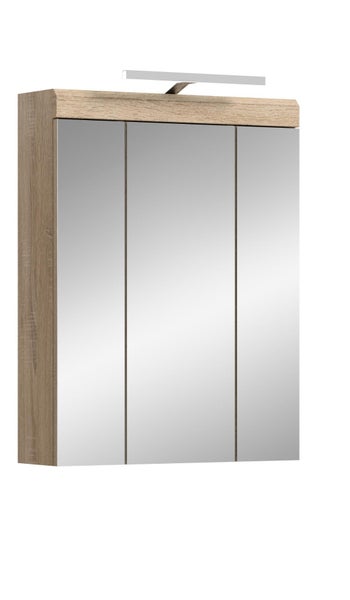 Dreitüriger Spiegelschrank in Holzoptik mit LED-Leuchte für das Badezimmer.