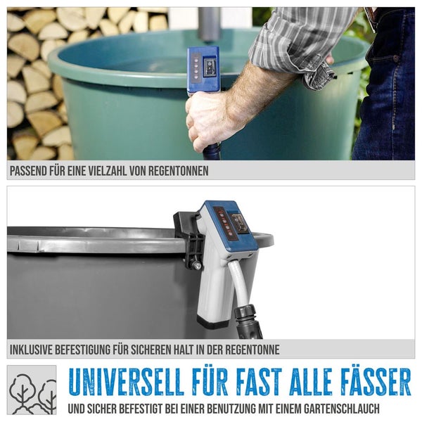 Regenfasspumpe mit universeller Halterung für verschiedene Regentonnen, inklusive Schalter und Anschluss für einen Gartenschlauch.