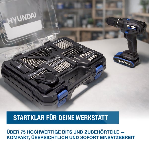 Hyundai 20 Volt Max Akku-Schlagbohrschrauber mit 50 Newtonmeter Drehmoment, Schlagzahl 27200 und Leerlaufdrehzahl 1600 pro Minute.