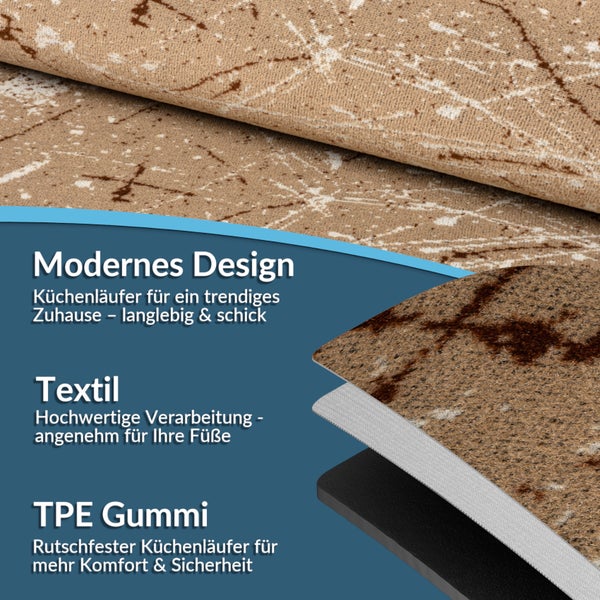 Küchenläufer mit modernem Design, Textiloberfläche und rutschfester TPE Gummi Unterseite