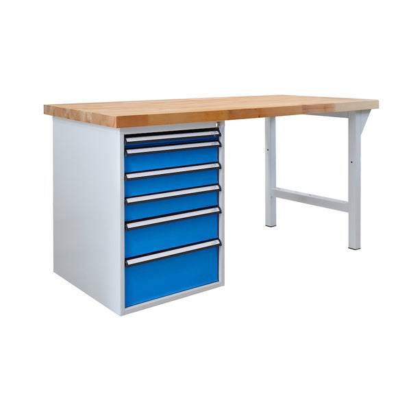 PROREGAL Werkbank Rhino Plus mit 6 Schubladen HxBxT 84 x 150 x 70 cm Traglast 500 kg Lichtgrau Blau