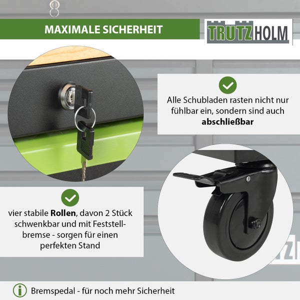 Trutzholm Logo. Werkstattwagen Details: abschließbare Schubladen mit Schlüssel und stabile Rollen mit Feststellbremse für Sicherheit.