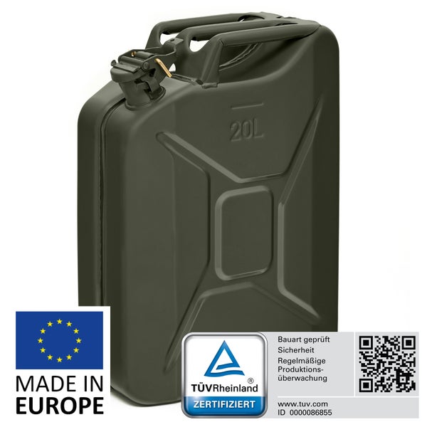 BW® Kraftstoffkanister Metall Benzinkanister 20 Liter - Bronzegrün - RAL 6031-F9 - TÜV-geprüft und UN-Zulassung - Made in Europe