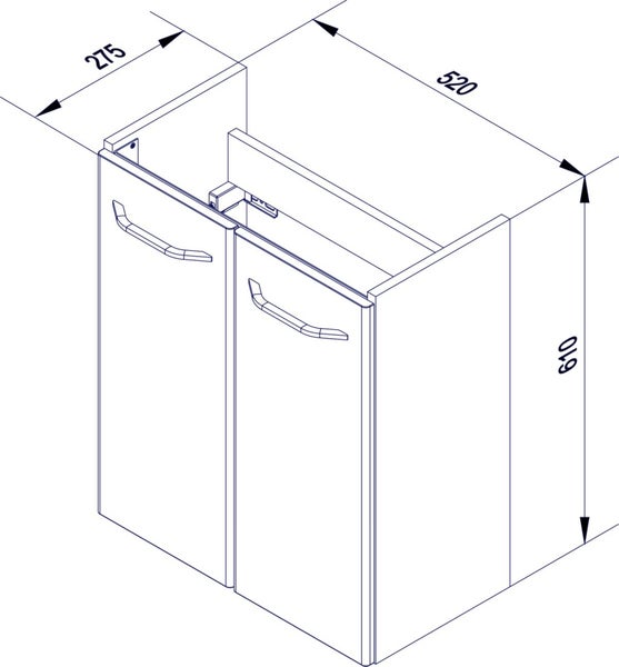 Zeichnung eines Waschtischunterschranks mit den Maßen 610 x 520 x 275 mm