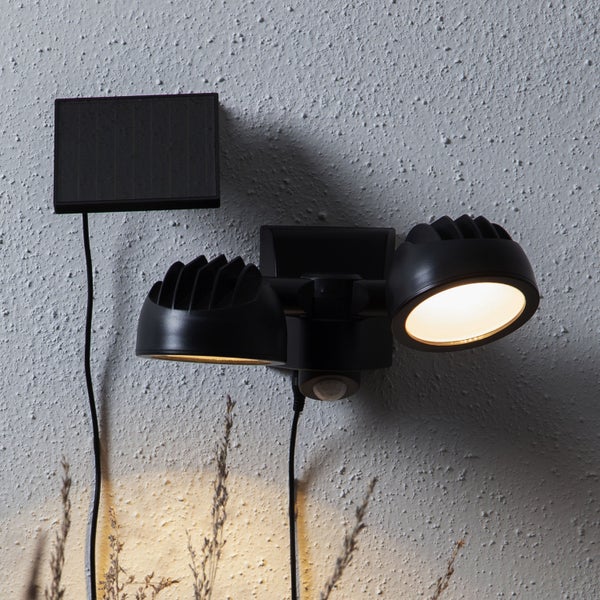 Schwarzer LED-Solarstrahler mit Bewegungsmelder zur Wandmontage