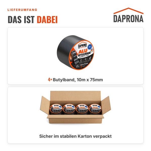 Daprona Logo, vier Rollen Butylband, wasserdicht und UV-beständig, jeweils 10 Meter mal 75 Millimeter, sicher verpackt im stabilen Karton.