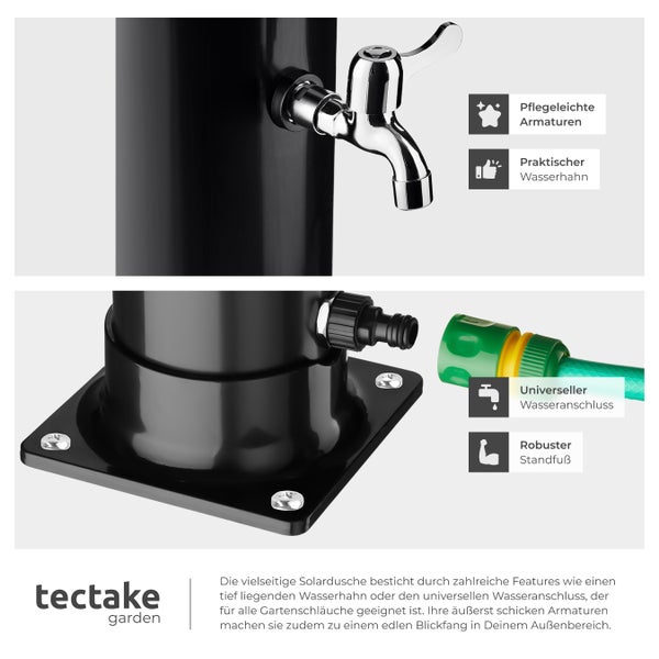 Detailansicht einer schwarzen Solardusche mit Armaturen, Wasserhahn, Wasseranschluss und robustem Standfuß.
