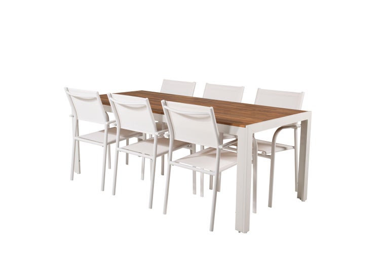 Bois Gartenset Tisch 90x205cm und 6 Stühle Santorini weiß, natur. 90 X 205 X 76 cm