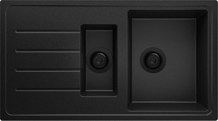 PRIMAGRAN Granitspüle Schwarz Metallic 78x53cm, Spülbecken 1 Becken + Küchenarmatur 32x20cm + Ablauf-Set + Küchenzubehörset, Küchenspüle ab 80er Unterschrank - Oslo Pocket