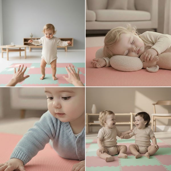 Kleinkinder spielen, schlafen und machen erste Schritte auf einer weichen Schaumstoff-Puzzlematte in einem hellen, organisierten Raum.
