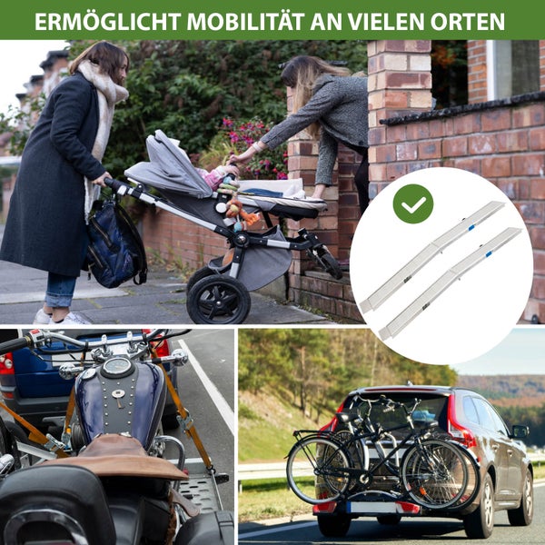 Bilder zeigen Produkte, die die Mobilität unterstützen: Rollstuhlrampe, Motorradanhänger und Fahrradträger.