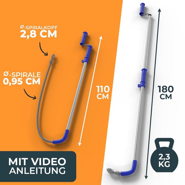 Meisterfaktur Rohrreinigungsspirale für Toiletten [1,8m] - Toiletten Spirale für schwere WC Verstopfungen - Dank Silikonschutz ohne Schäden - Sicher Toiletten Verstopfung entfernen!