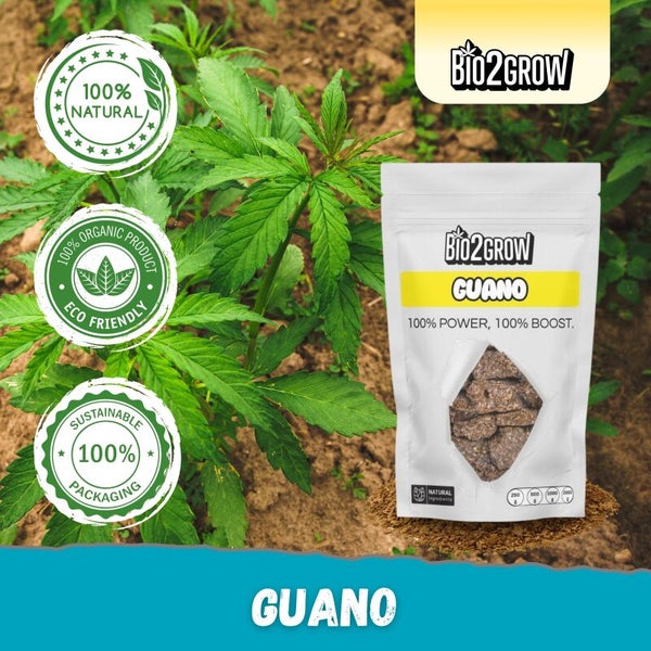 Bio2Grow Guano Dünger mit Siegeln für natürliche Inhaltsstoffe und nachhaltige Verpackung