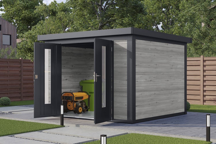 Modernes Gartenhaus aus Holz mit Flachdach und Doppeltür, im Garten aufgestellt zur Aufbewahrung von Gartengeräten und einem Stromerzeuger.