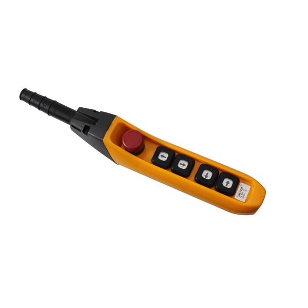 Gelber Hängetaster für Hebezeuge mit rotem Not-Halt-Knopf und vier schwarzen Richtungstasten.