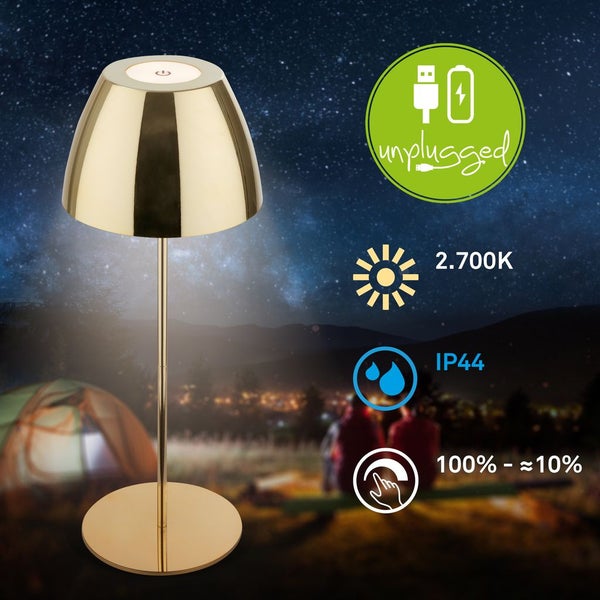 Briloner Serina LED Tischlampe kabellos IP44, Dimmbar, Touch, Spritzwasserschutz, Kabellos, Goldfarbig, Ø13,5 x 36 cm