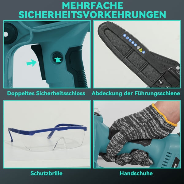 Mehrfache Sicherheitsvorkehrungen: doppeltes Sicherheitsschloss, Abdeckung der Führungsschiene, Schutzbrille und Handschuhe.